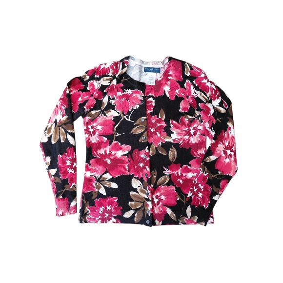 Karen Scott Red and Brown Floral Cardigan Sweater - Picture 1 of 5